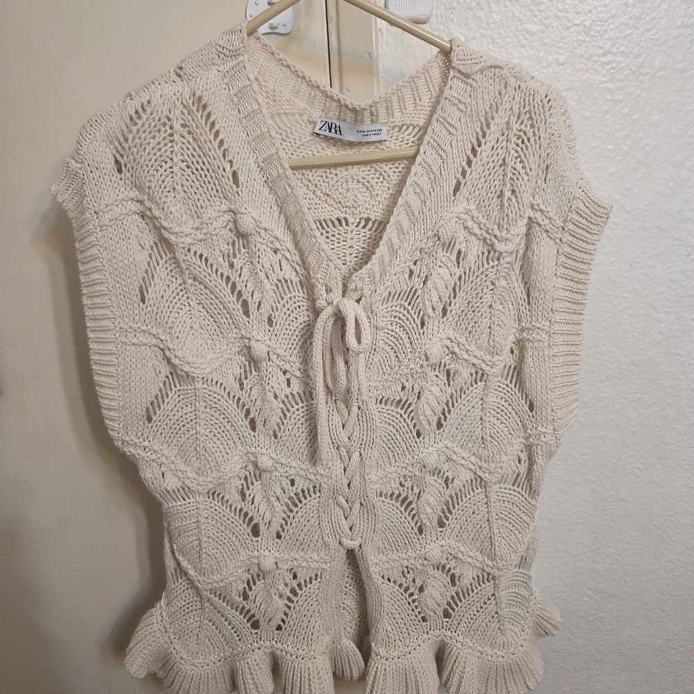 Zara Cream Open-Knit Tie-Front Vest